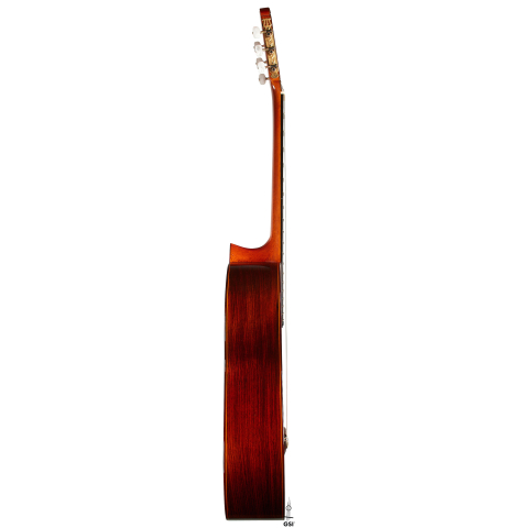 The side of a 1977 Jose Ramirez "1a" classical guitar made with cedar and Indian rosewood.