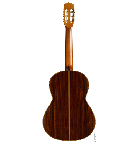 The back of a 2004 Jose Ramirez "1a Tradicional" classical guitar made of spruce and Indian rosewood