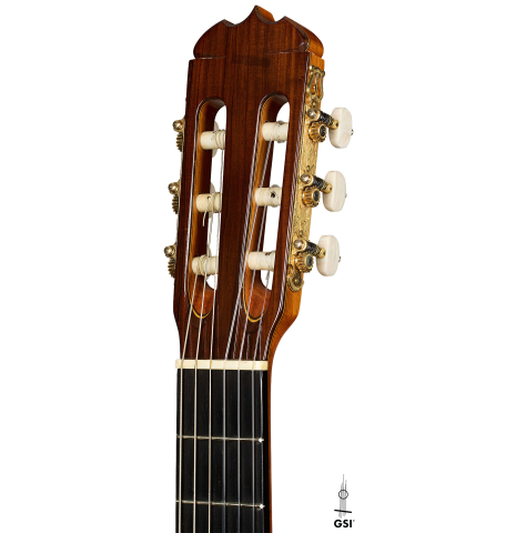 The headstock of a 2004 Jose Ramirez "1a Tradicional" classical guitar made of spruce and Indian rosewood