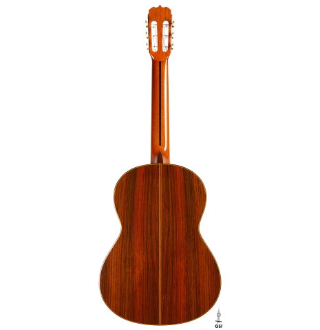The back of a 1990 Jose Ramirez "1a" (ex Gianvito Pulzone) classical guitar made of cedar and Indian rosewood