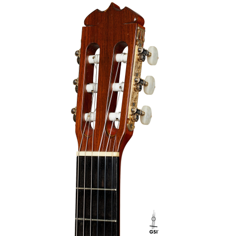 The headstock of a 1990 Jose Ramirez "1a" (ex Gianvito Pulzone) classical guitar made of cedar and Indian rosewood
