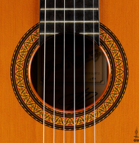 The rosette of a 1990 Jose Ramirez "1a" (ex Gianvito Pulzone) classical guitar made of cedar and Indian rosewood