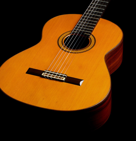 The soundboard of a 1990 Jose Ramirez "1a" (ex Gianvito Pulzone) classical guitar made of cedar and Indian rosewood