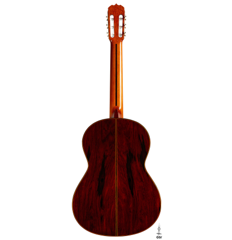 The back of a 1973 Jose Ramirez "2a" Spanish classical guitar made with cedar top and CSA rosewood back and sides.