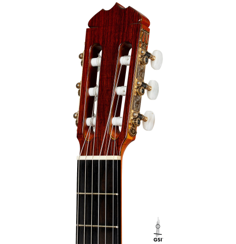 The headstock of a 1973 Jose Ramirez "2a" Spanish classical guitar made with cedar top and CSA rosewood back and sides.