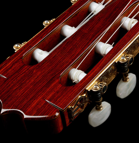 The headstock and tuning machines of a 1973 Jose Ramirez "2a" Spanish classical guitar made with cedar top and CSA rosewood back and sides.