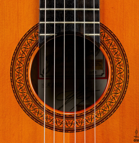 The rosette of a 1973 Jose Ramirez "2a" Spanish classical guitar made with cedar top and CSA rosewood back and sides.