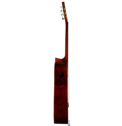 The side of a 1973 Jose Ramirez "2a" Spanish classical guitar made with cedar top and CSA rosewood back and sides.