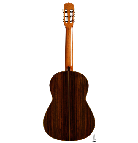 The back of a 2013 Jose Ramirez "1a Antigua" classical guitar made of spruce and Indian rosewood