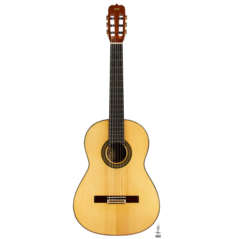 The front of a 2013 Jose Ramirez "1a Antigua" classical guitar made of spruce and Indian rosewood