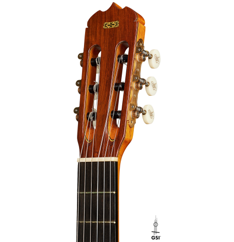 The headstock of a 2013 Jose Ramirez "1a Antigua" classical guitar made of spruce and Indian rosewood