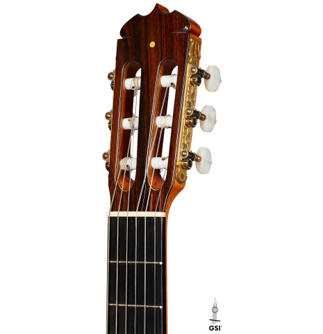 The headstock of a 1992 Jose Ramirez "1a Da Camara" classical guitar made of spruce and CSA rosewood