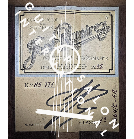 The label of a 1992 Jose Ramirez "1a Da Camara" classical guitar made of spruce and CSA rosewood