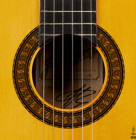 The rosette of a 1992 Jose Ramirez "1a Da Camara" classical guitar made of spruce and CSA rosewood