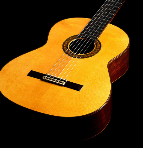 The soundboard of a 1992 Jose Ramirez "1a Da Camara" classical guitar made of spruce and CSA rosewood