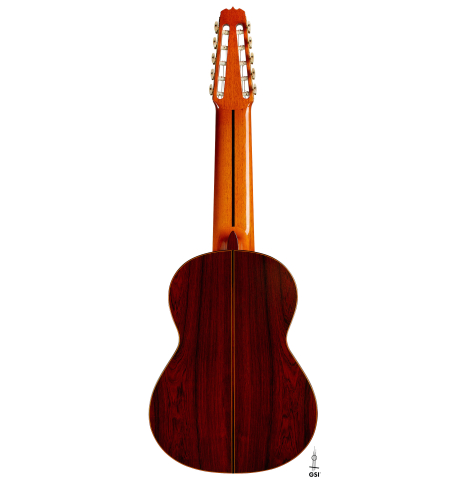 The back of a 1973 Jose Ramirez "1a 10-String" classical guitar made of cedar and CSA rosewood