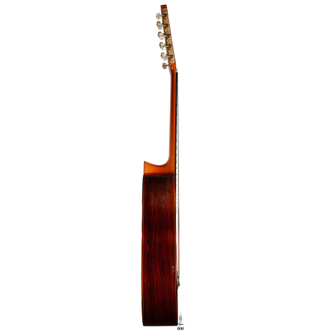 The side of a 1973 Jose Ramirez "1a 10-String" classical guitar made of cedar and CSA rosewood