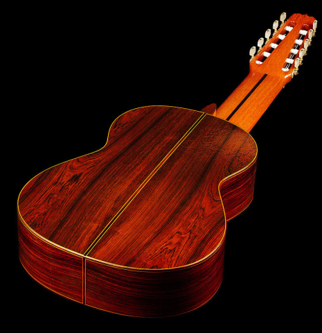 The back and sides of a 1973 Jose Ramirez "1a 10-String" classical guitar made of cedar and CSA rosewood