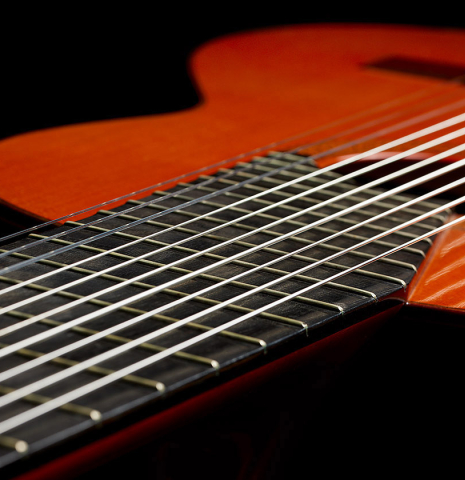 The fingerboard and frets of a 1973 Jose Ramirez "1a 10-String" classical guitar made of cedar and CSA rosewood