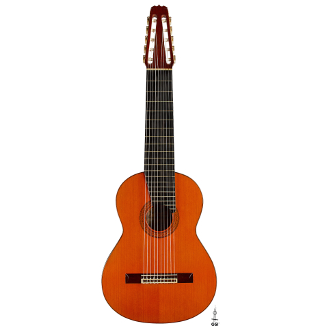 The front of a 1973 Jose Ramirez "1a 10-String" classical guitar made of cedar and CSA rosewood