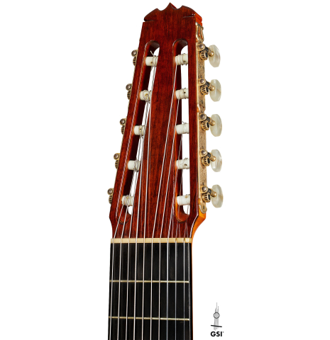 The headstock of a 1973 Jose Ramirez "1a 10-String" classical guitar made of cedar and CSA rosewood