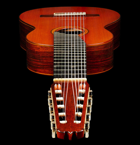 View from the headstock of a 1973 Jose Ramirez "1a 10-String" classical guitar made of cedar and CSA rosewood
