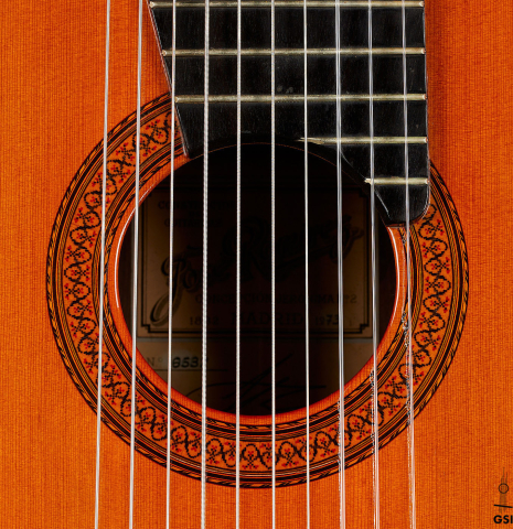 The rosette of a 1973 Jose Ramirez "1a 10-String" classical guitar made of cedar and CSA rosewood