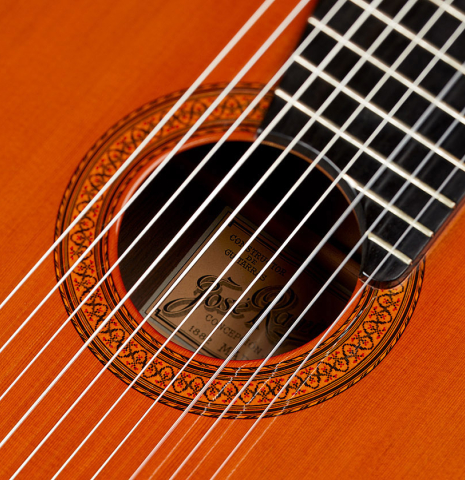Detailed close-up of the rosette of a 1973 Jose Ramirez "1a 10-String" classical guitar made of cedar and CSA rosewood