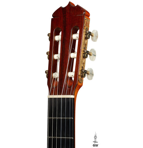 The headstock of a 1970 Jose Ramirez "1a" classical Spanish guitar made with cedar and CSA rosewood.