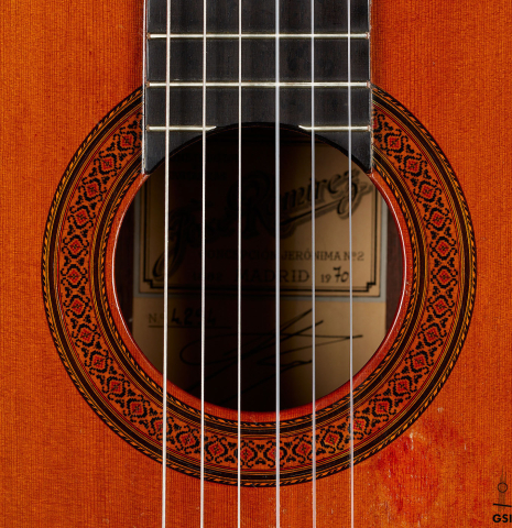 The rosette of a 1970 Jose Ramirez "1a" classical Spanish guitar made with cedar and CSA rosewood.