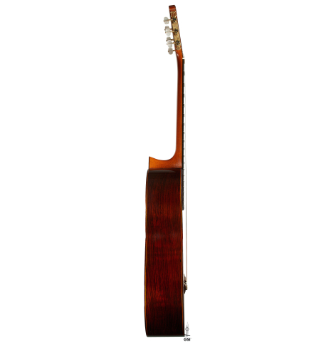 The side of a 1970 Jose Ramirez "1a" classical Spanish guitar made with cedar and CSA rosewood.