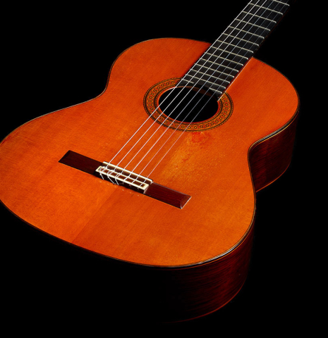The soudnboard of a 1970 Jose Ramirez "1a" classical Spanish guitar made with cedar and CSA rosewood.