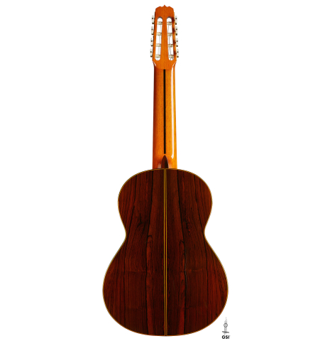The back of a 1974 Jose Ramirez "1a 8-String" classical guitar made of cedar and CSA rosewood