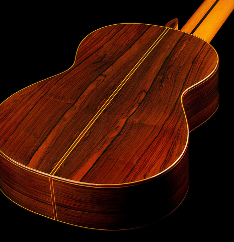 The back and sides of a 1974 Jose Ramirez "1a 8-String" classical guitar made of cedar and CSA rosewood