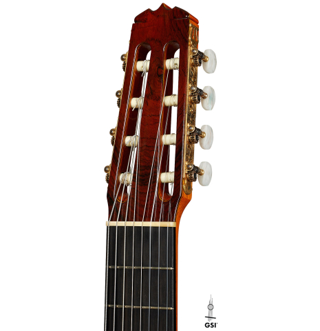 The headstock of a 1974 Jose Ramirez "1a 8-String" classical guitar made of cedar and CSA rosewood