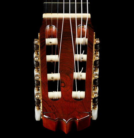 The headstock and tuning machines of a 1974 Jose Ramirez "1a 8-String" classical guitar made of cedar and CSA rosewood