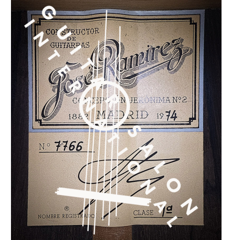 The label of a 1974 Jose Ramirez "1a 8-String" classical guitar made of cedar and CSA rosewood
