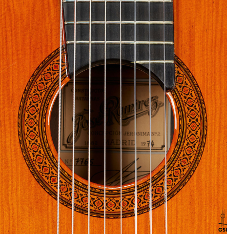 The rosette of a 1974 Jose Ramirez "1a 8-String" classical guitar made of cedar and CSA rosewood