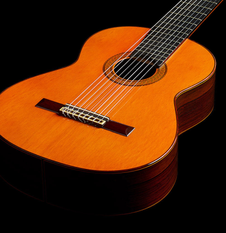 The soundboard and sides of a 1974 Jose Ramirez "1a 8-String" classical guitar made of cedar and CSA rosewood