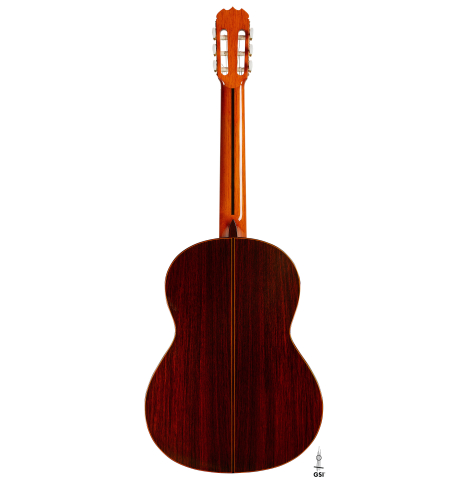 The back of a 1977 Jose Ramirez "1a" classical guitar made of cedar and Indian rosewood