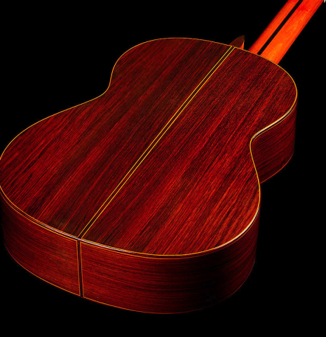The back and sides of a 1977 Jose Ramirez "1a" classical guitar made of cedar and Indian rosewood