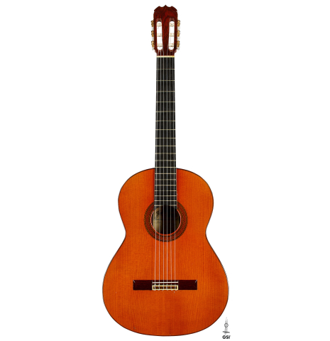 The front of a 1977 Jose Ramirez "1a" classical guitar made of cedar and Indian rosewood
