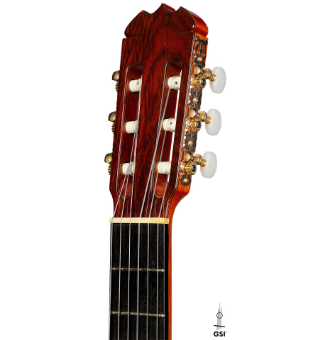 The headstock of a 1977 Jose Ramirez "1a" classical guitar made of cedar and Indian rosewood