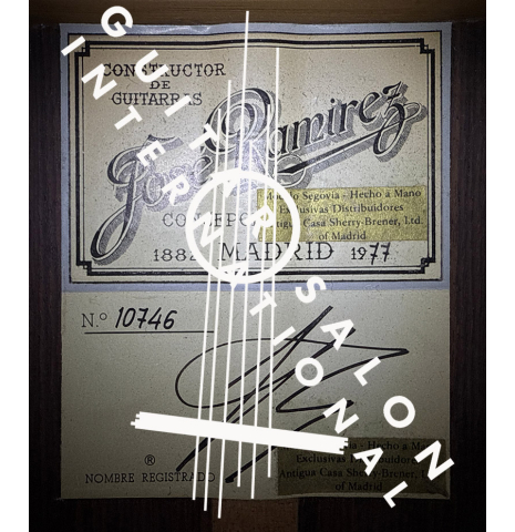 The label of a 1977 Jose Ramirez "1a" classical guitar made of cedar and Indian rosewood