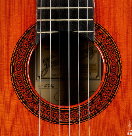 The rosette of a 1977 Jose Ramirez "1a" classical guitar made of cedar and Indian rosewood