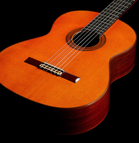 The soundboard of a 1977 Jose Ramirez "1a" classical guitar made of cedar and Indian rosewood