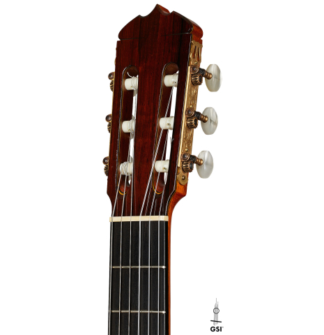 The headstock of a 1963 Jose Ramirez "1a AM" classical guitar made of spruce and CSA rosewood by Antonio Martinez.