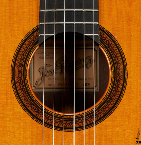 The rosette of a 1963 Jose Ramirez "1a AM" classical guitar made of spruce and CSA rosewood by Antonio Martinez.
