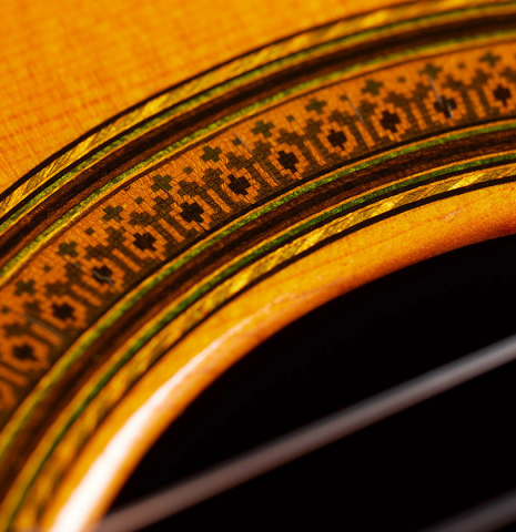 Detailed closeup of the rosette of a 1963 Jose Ramirez "1a AM" classical guitar made of spruce and CSA rosewood by Antonio Martinez.