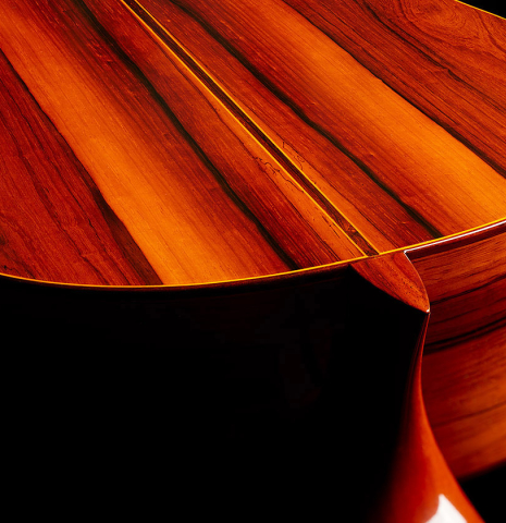 The heel, back binding and purfling of a 1976 Jose Ramirez "2a" classical guitar made of cedar and CSA rosewood